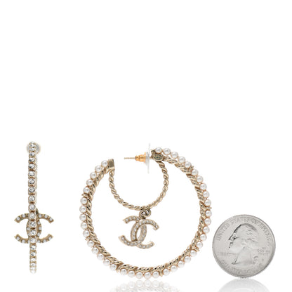Chanel Crystal Pearl CC Drop Hoop Earrings Gold Pearly White 3 of 6