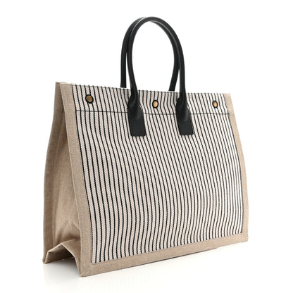 Saint Laurent SAINT LAURENT Embroidered Cotton Linen Rive Gauche Noe Tote Natural Black 3 of 10
