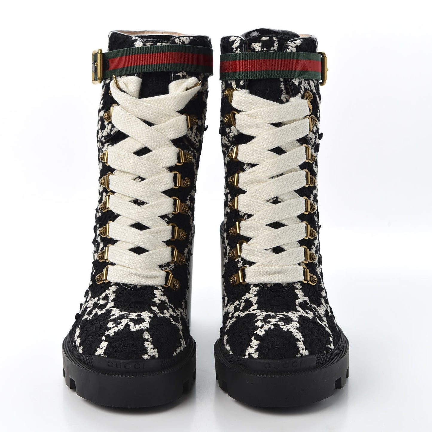 Tweed GG Monogram Lace Up Combat Ankle Boots 37.5 Black