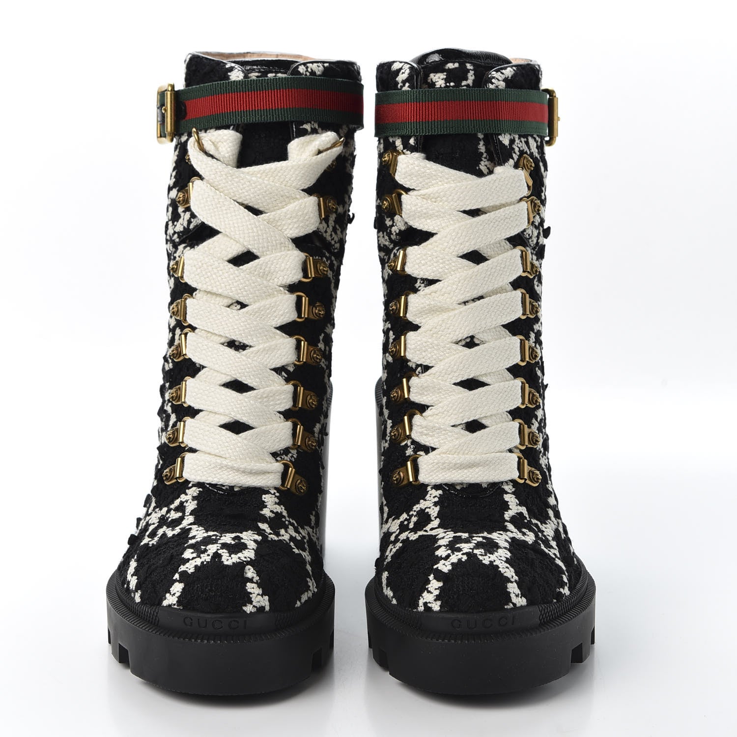 Gucci Tweed GG Monogram Lace Up Combat Ankle Boots 37.5 Black 3 of 9