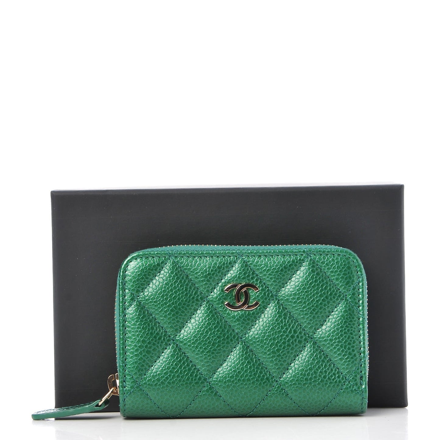 Metallic Caviar Quilted Zip Coin Purse Green