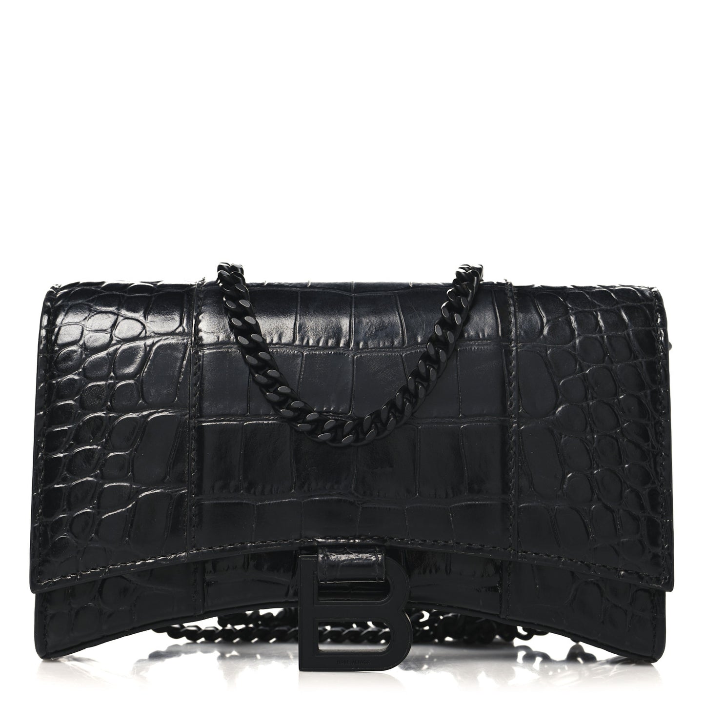 Shiny Calfskin Monochrome Crocodile Embossed Small Hourglass Evening Chain Bag Black
