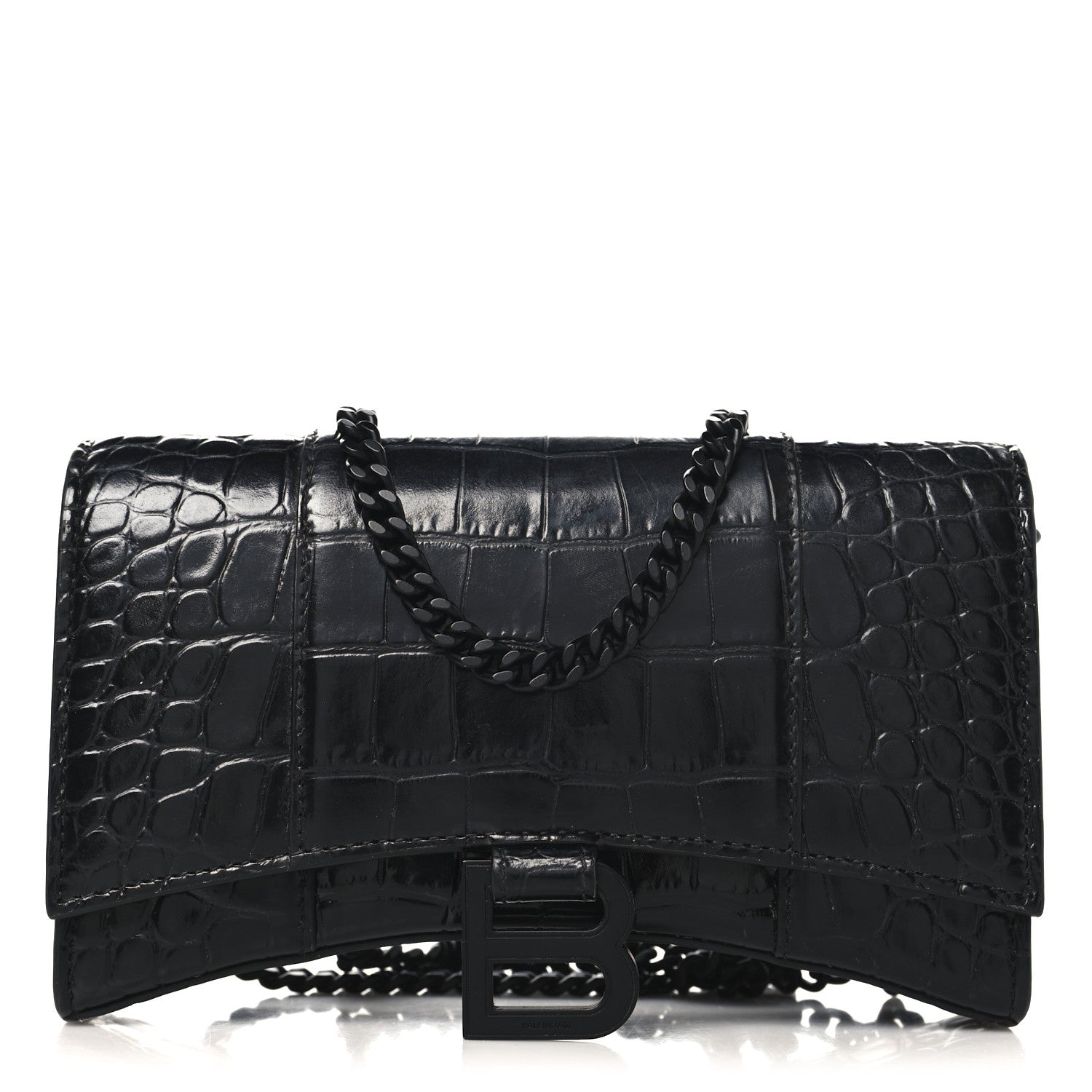 Balenciaga Shiny Calfskin Monochrome Crocodile Embossed Small Hourglass Evening Chain Bag Black 1 of 9