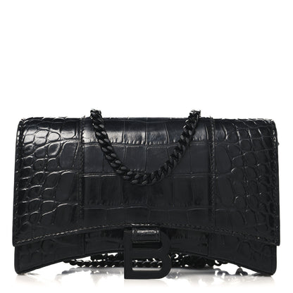 Balenciaga Shiny Calfskin Monochrome Crocodile Embossed Small Hourglass Evening Chain Bag Black 1 of 9
