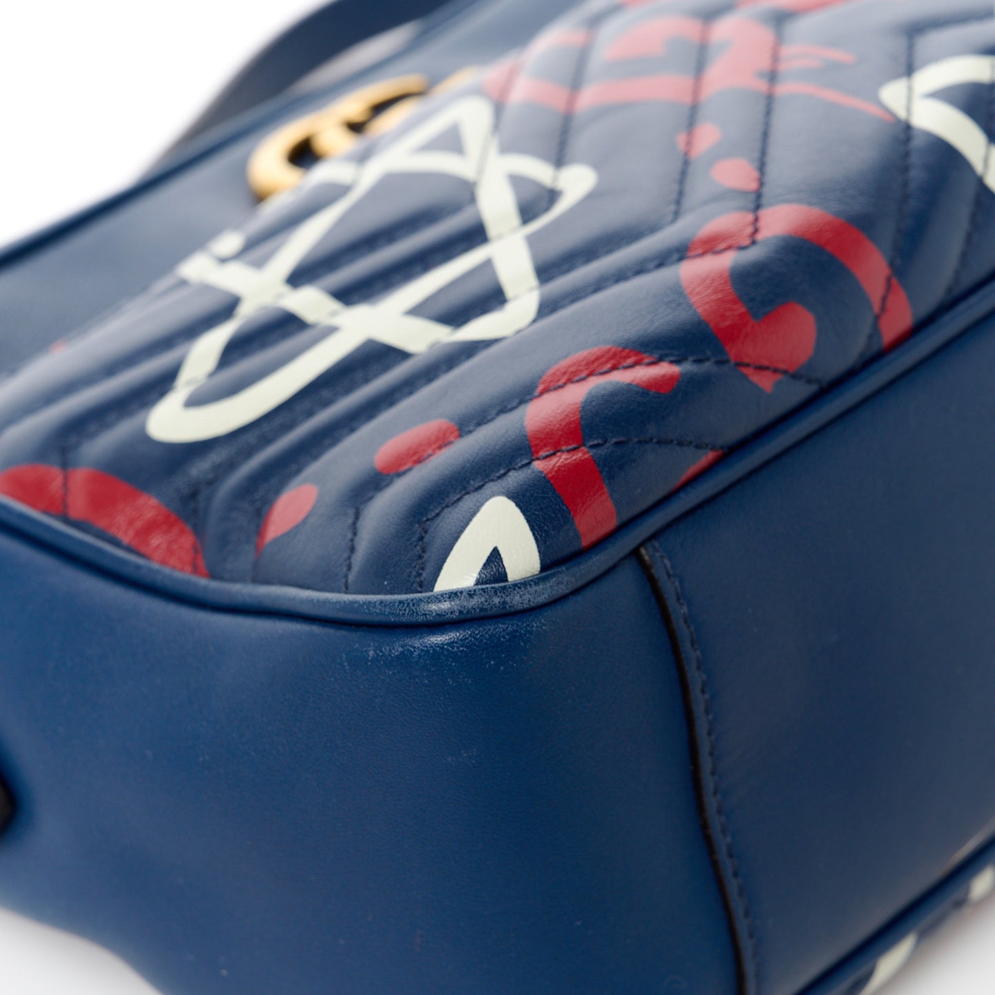 Calfskin Matelasse GucciGhost Medium GG Marmont Chain Shoulder Bag Blue Agata Hibiscus Red
