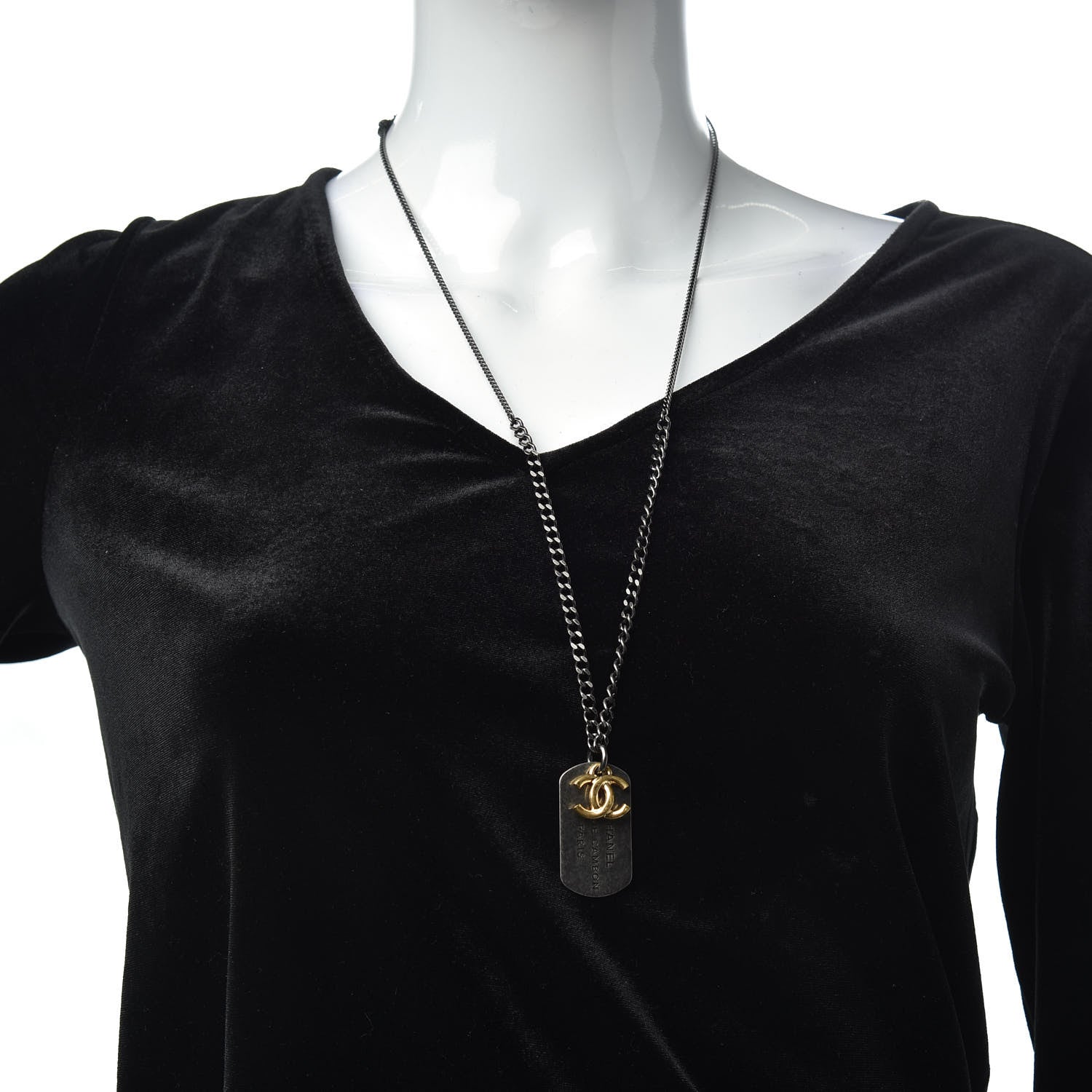 Chanel Ruthenium ID Dog Tag Charm Necklace Silver Gold 2 of 5