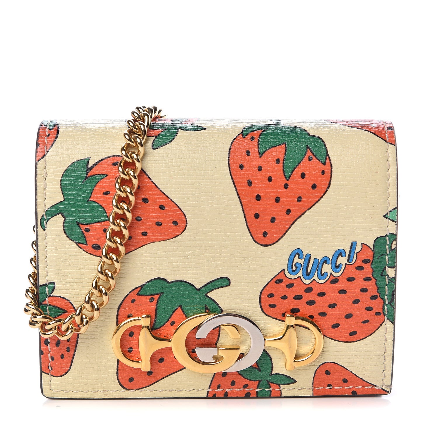 Calfskin Strawberry Print Zumi Chain Card Case Wallet Ivory Red