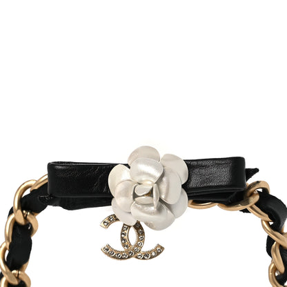 Chanel Calfskin Crystal Chain Camellia Belt 85 34 Black Gold 3 of 5