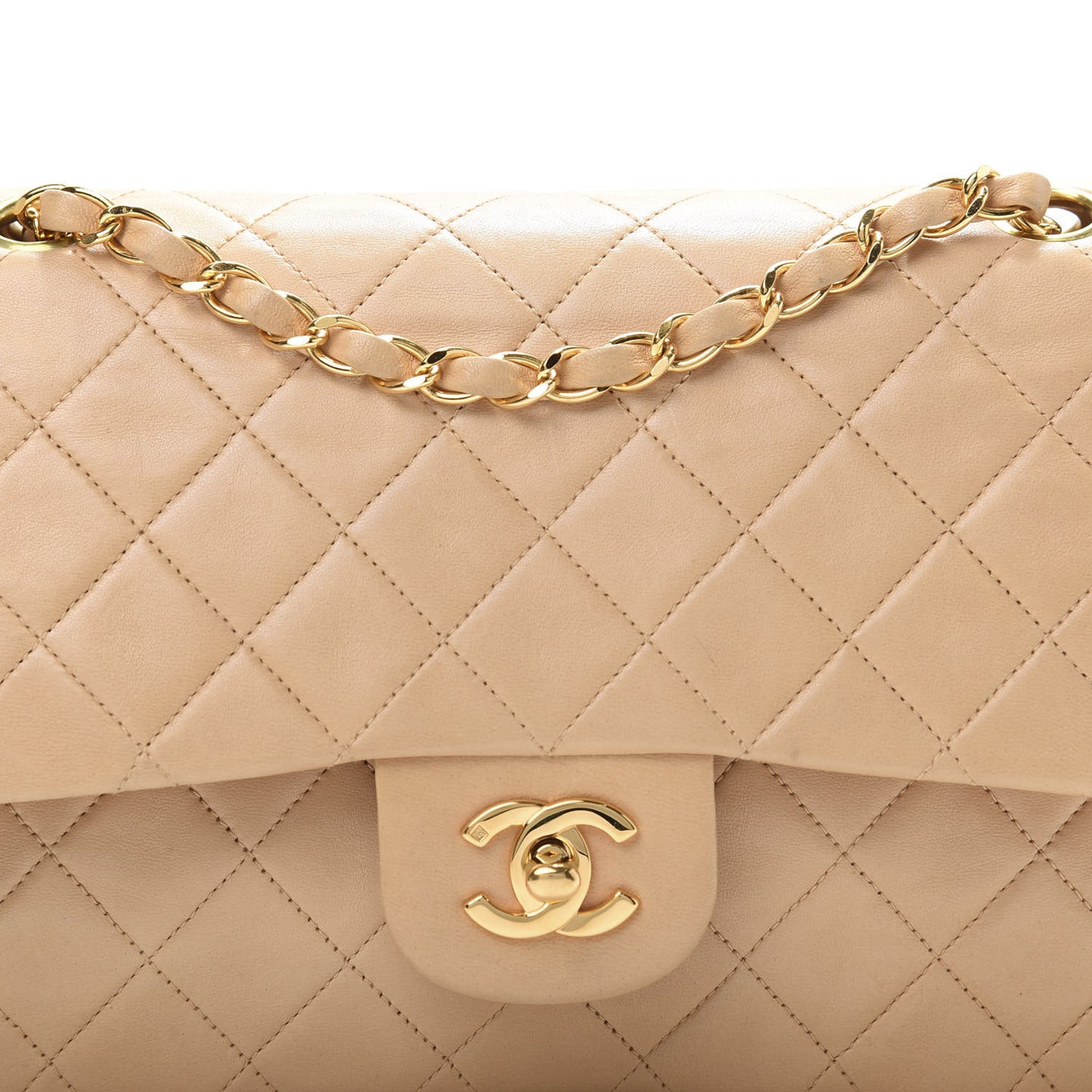 Lambskin Quilted Medium Double Flap Beige