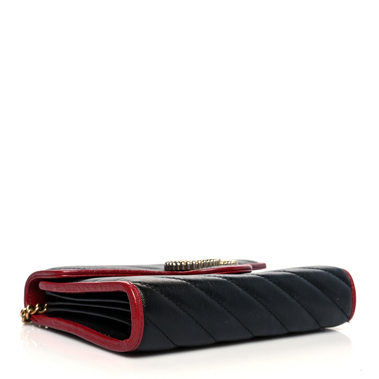 Gucci Vintage Effect Calfskin Matelasse Diagonal Torchon GG Marmont Chain Wallet Black Romantic Cherry 4 of 9