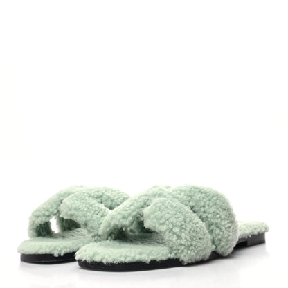 Hermes Woolskin Oran Sandals 38 Vert D’Eau 3 of 7