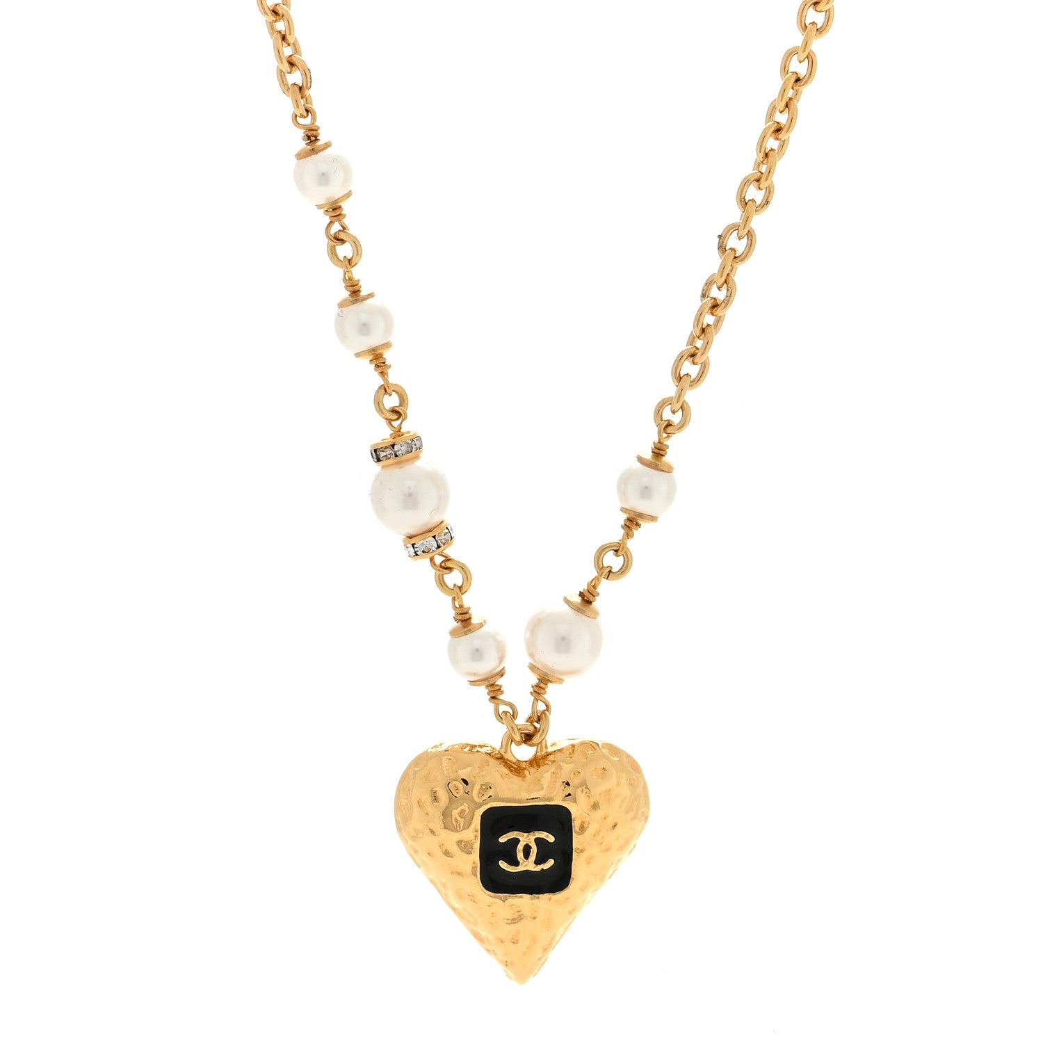Chanel Pearl Beaded Resin Crystal CC Heart Necklace Black Gold 1 of 5