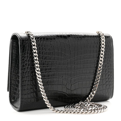 Saint Laurent Calfskin Crocodile Embossed Small Classic Monogram Kate Tassel Satchel Black 3 of 11