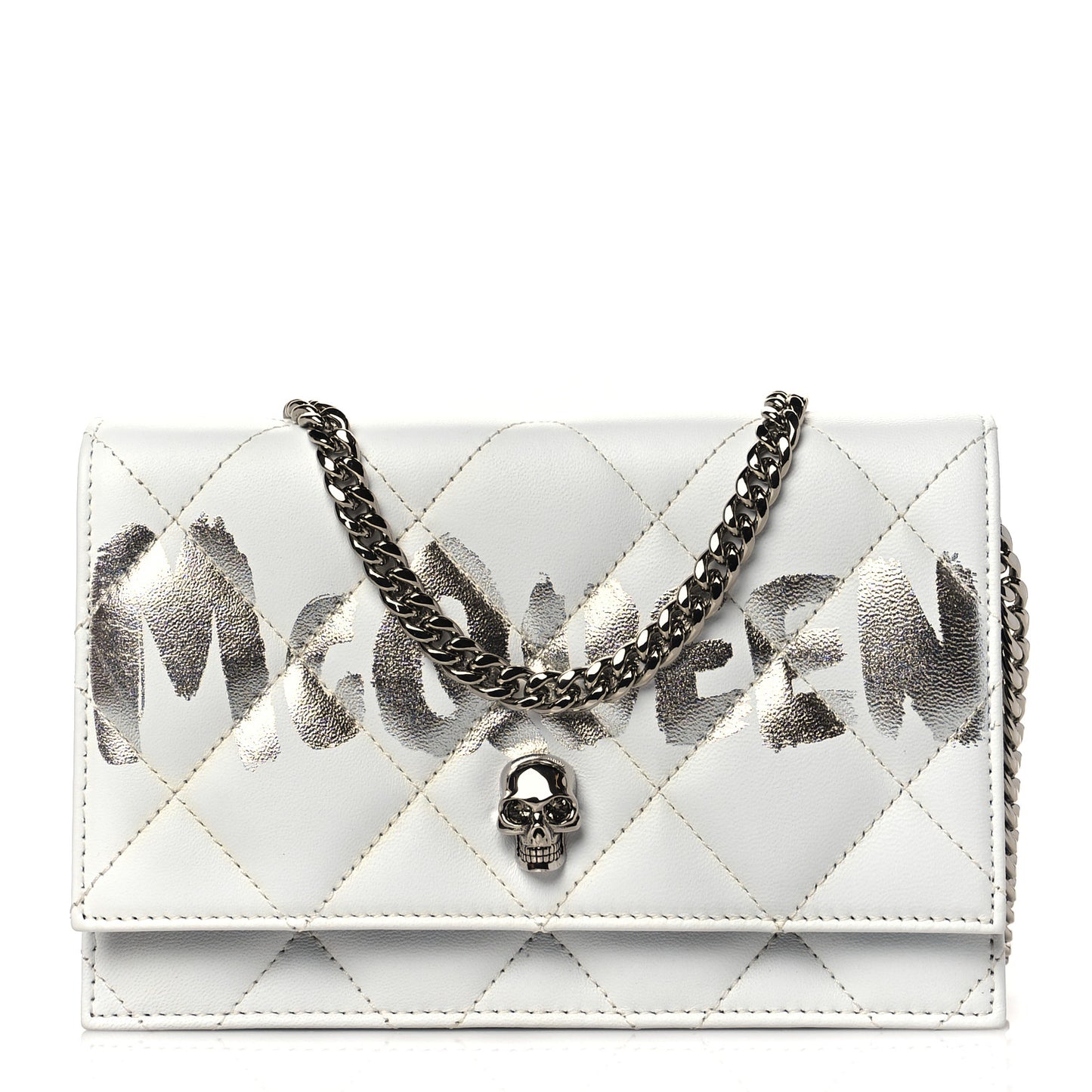 Calfskin Quilted Graffiti Skull Mini Chain Crossbody Bag White Silver