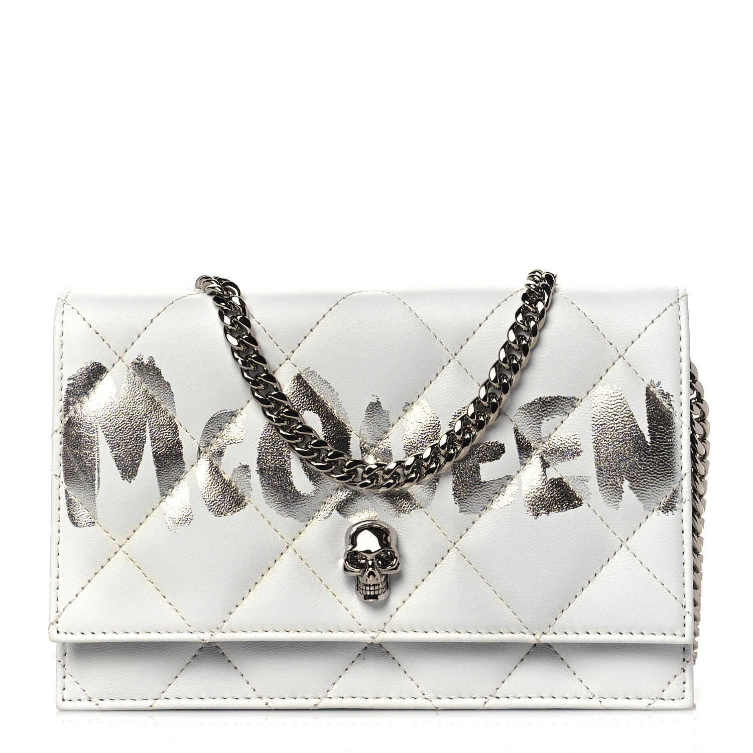 Alexander McQueen Calfskin Quilted Graffiti Skull Mini Chain Crossbody Bag White Silver 1 of 9