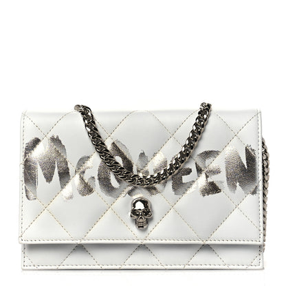 Alexander McQueen Calfskin Quilted Graffiti Skull Mini Chain Crossbody Bag White Silver 1 of 9