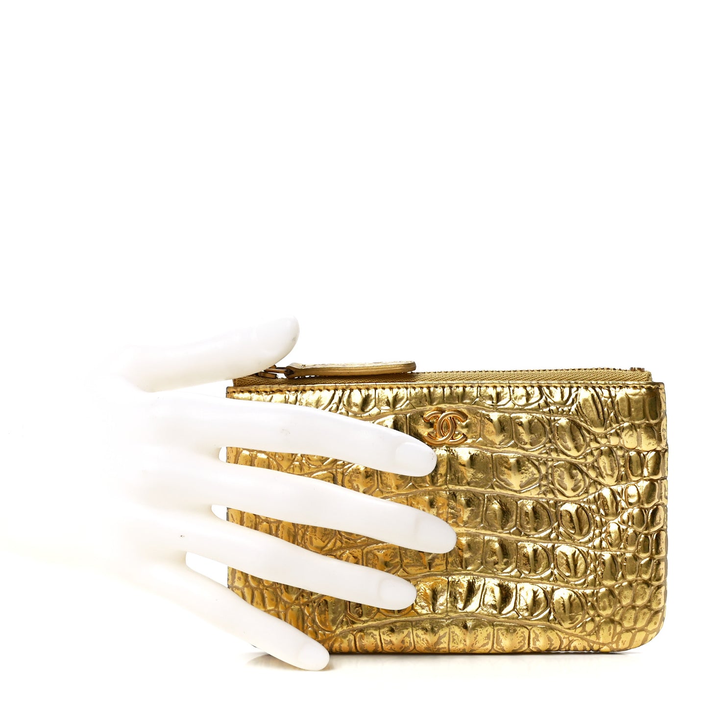 Metallic Calfskin Crocodile Embossed Cocodile Small Cosmetic Case Gold