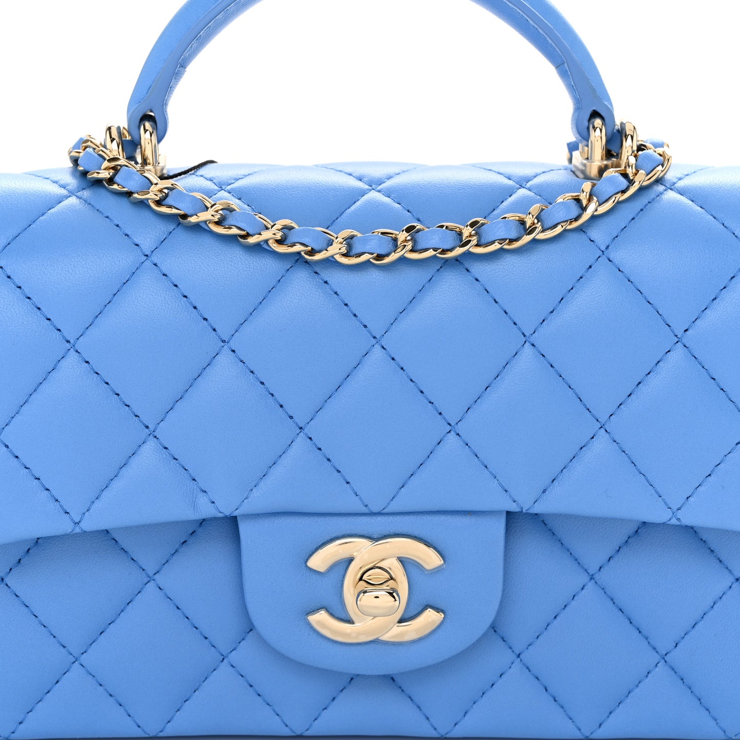 Lambskin Quilted Mini Top Handle Rectangular Flap Blue