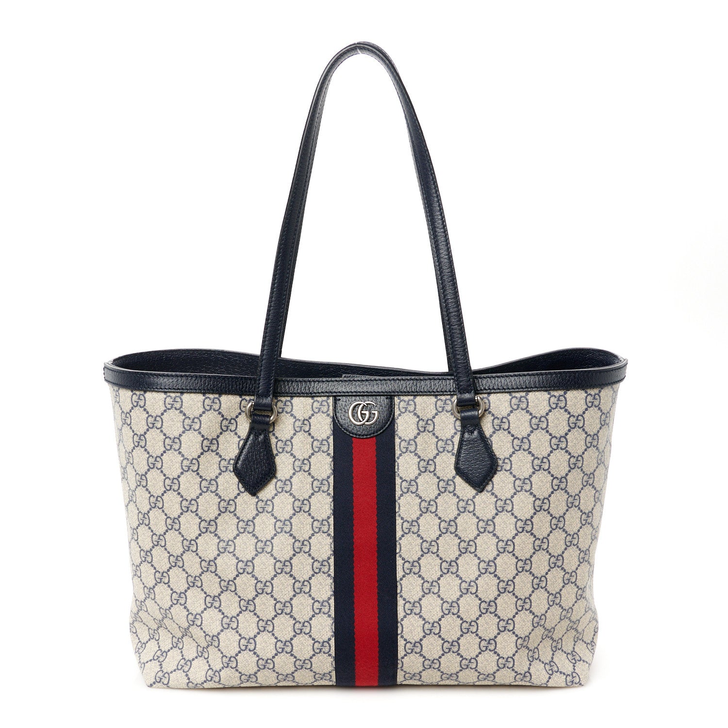 Gucci GG Supreme Monogram Textured Calfskin Web Medium Ophidia Shopping Tote Beige Blue 1 of 11