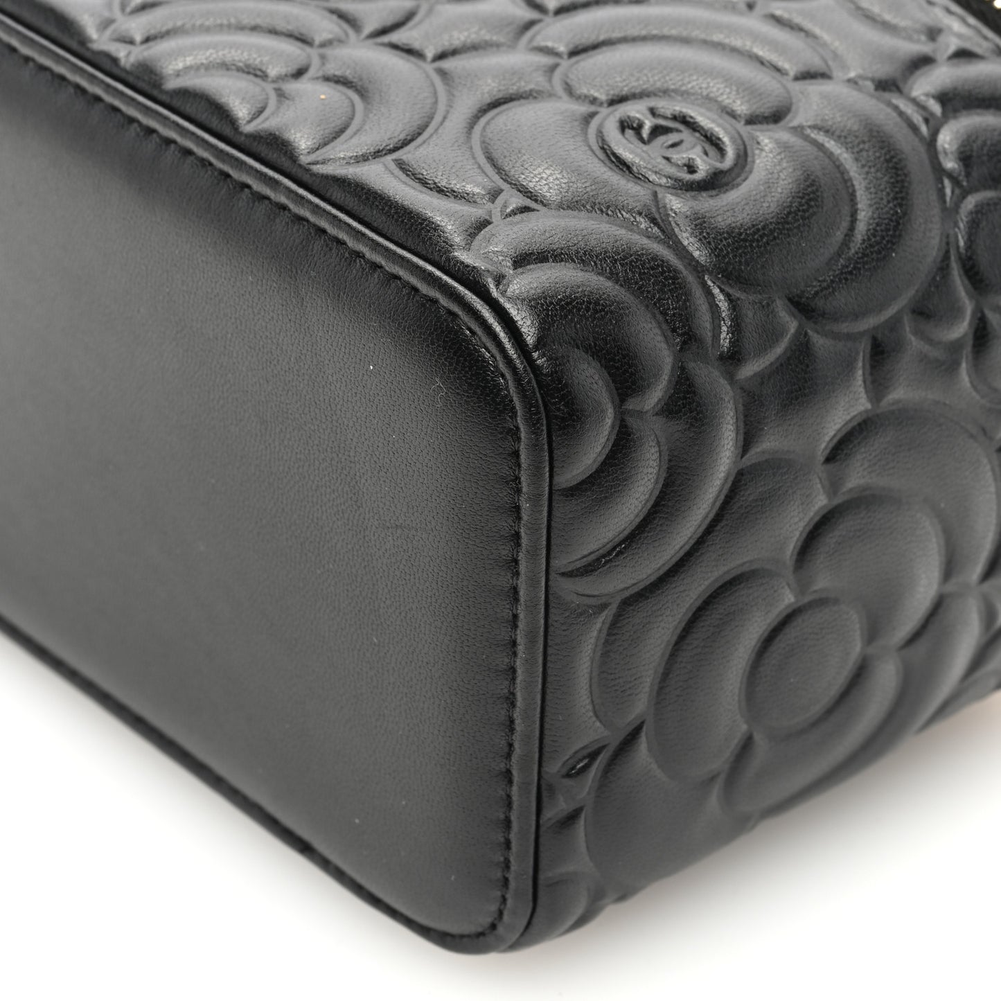 Lambskin Camellia Embossed Small Vanity Case With Chain Black