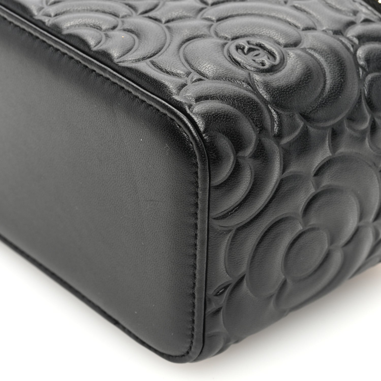 Chanel Lambskin Camellia Embossed Small Vanity Case With Chain Black 10 of 10