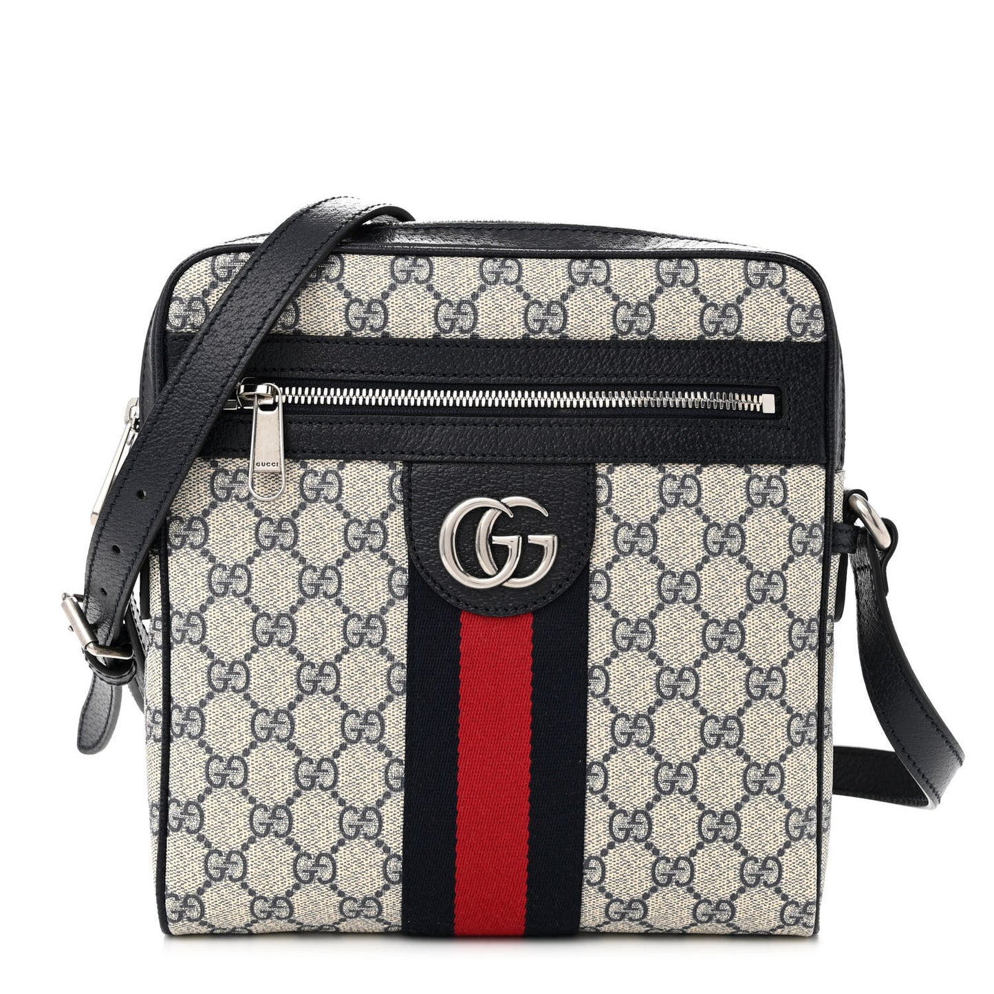 GG Supreme Monogram Textured Dollar Calfskin Web Small Ophidia Messenger Bag Beige Blue