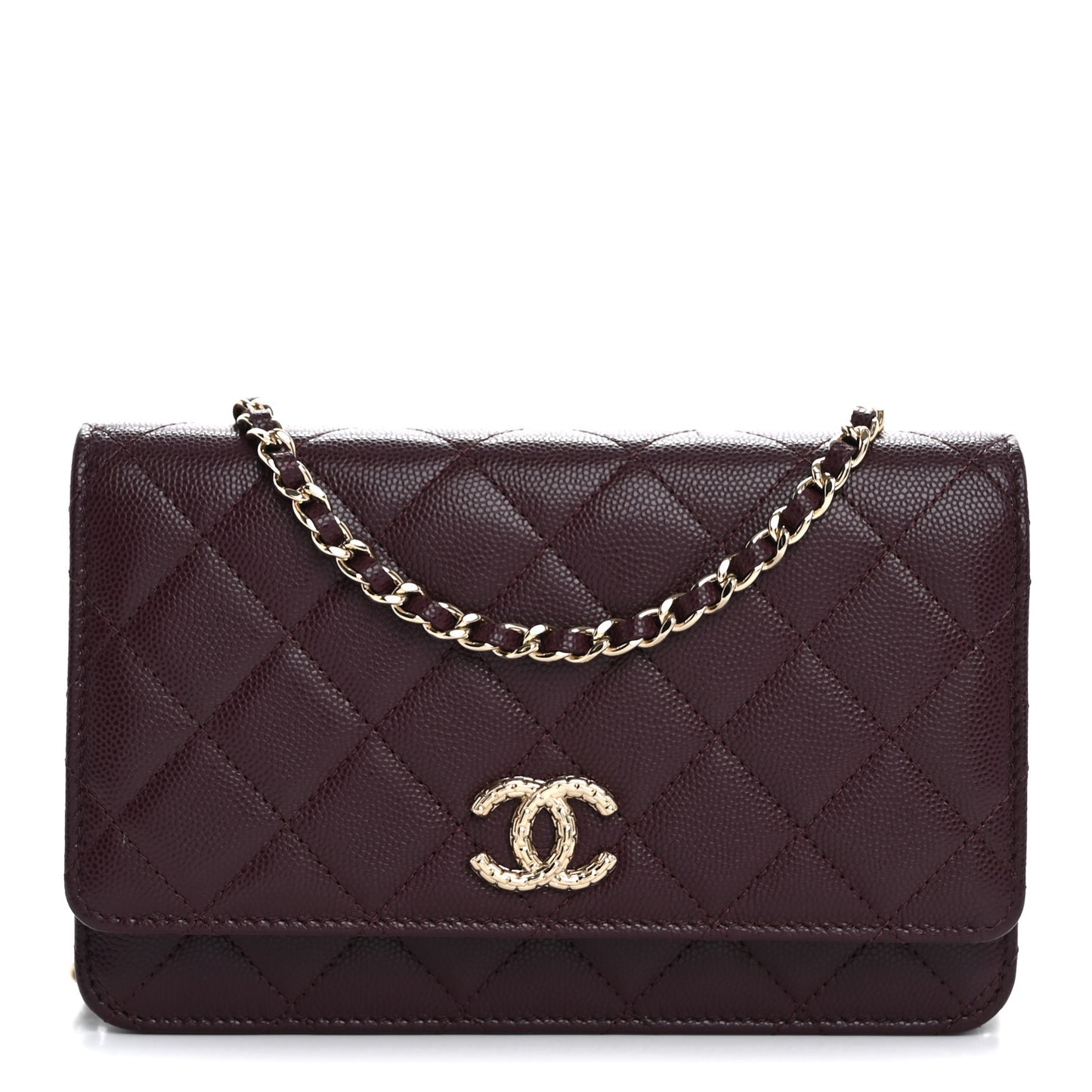Caviar Quilted Chain Embossed CC Wallet On Chain WOC Dark Burgundy
