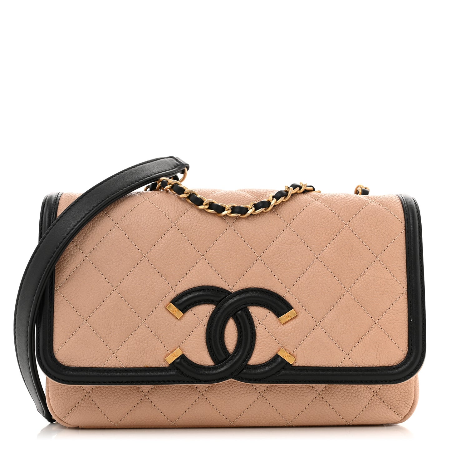 Caviar Quilted Small CC Filigree Flap Beige Black