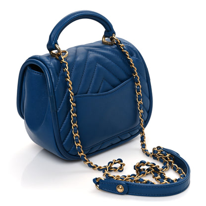 Chanel Lambskin Reverse Chevron Quilted Mini Round Top Handle Flap Blue 3 of 10