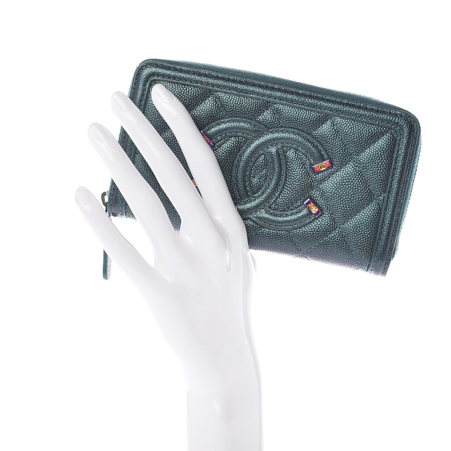 Iridescent Caviar Quilted Medium Filigree Zip Around Wallet Dark Turquoise