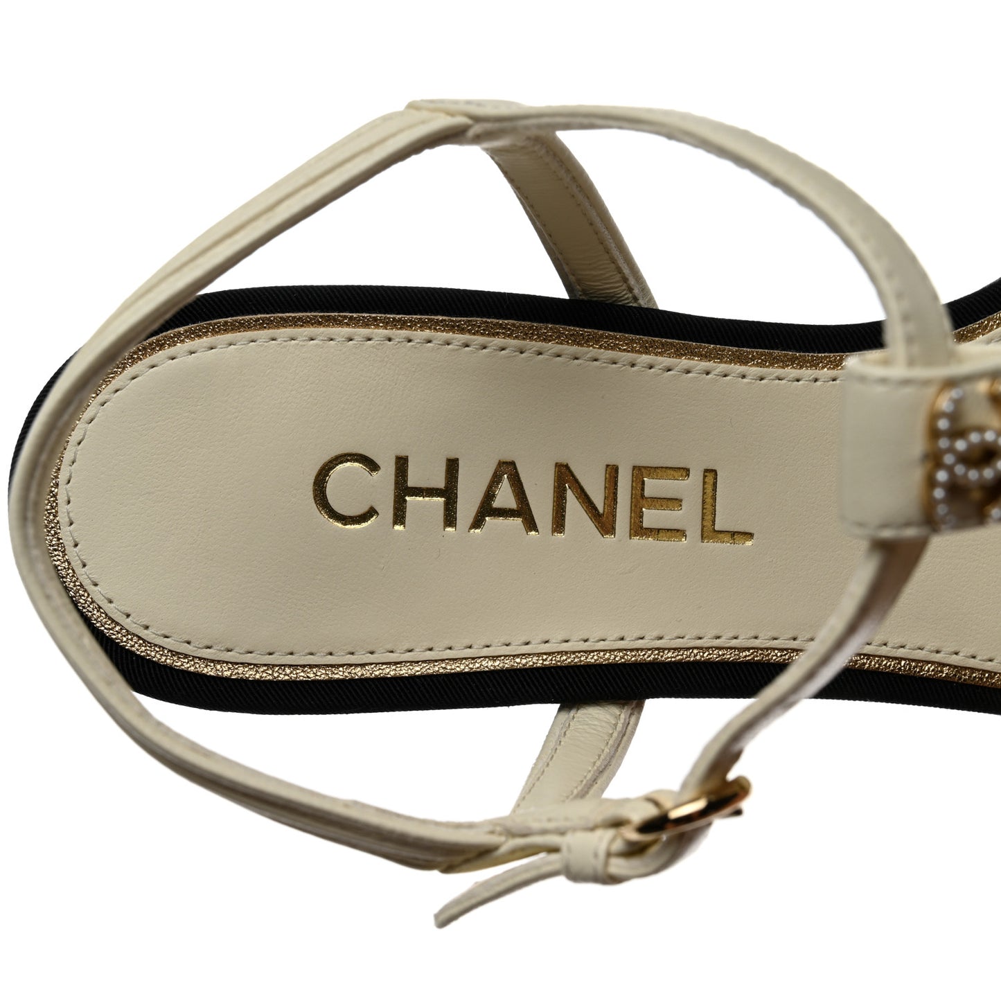 Lambskin Grosgrain Pearl CC Cap Toe Open Sandals 37 Ivory Black