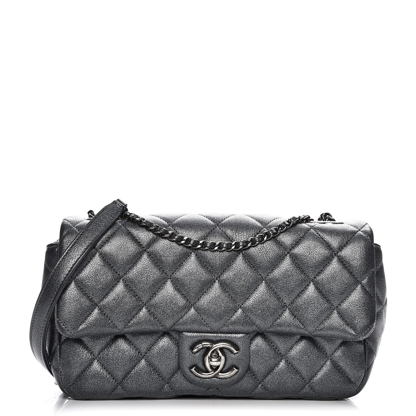 Metallic Calfskin Quilted Medium CC Eyelet Flap Dark Silver