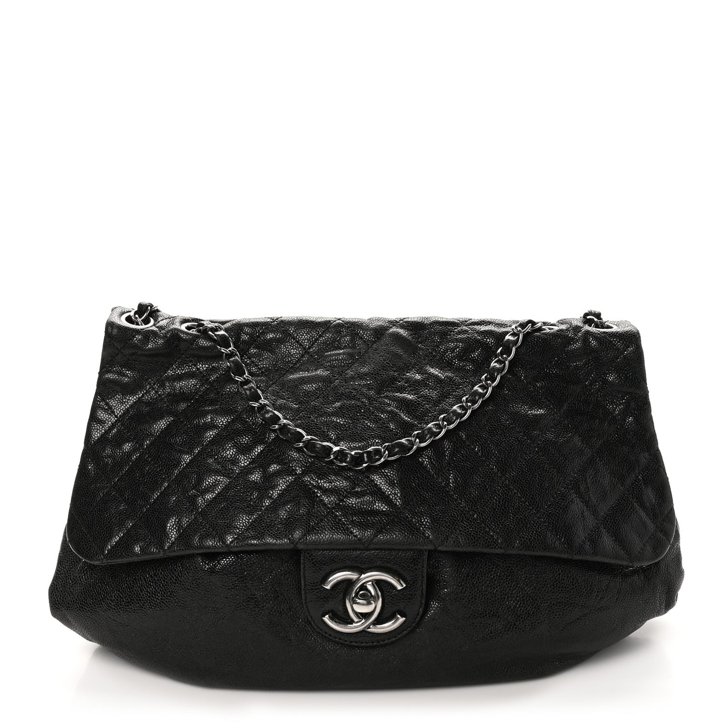 Crumpled Caviar Quilted Maxi Elastic Flap Black