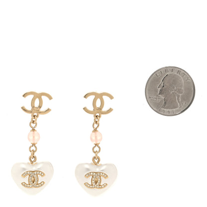 Chanel Metal Pearl Crystal Bead CC Heart Drop Earrings Pink Gold 2 of 5