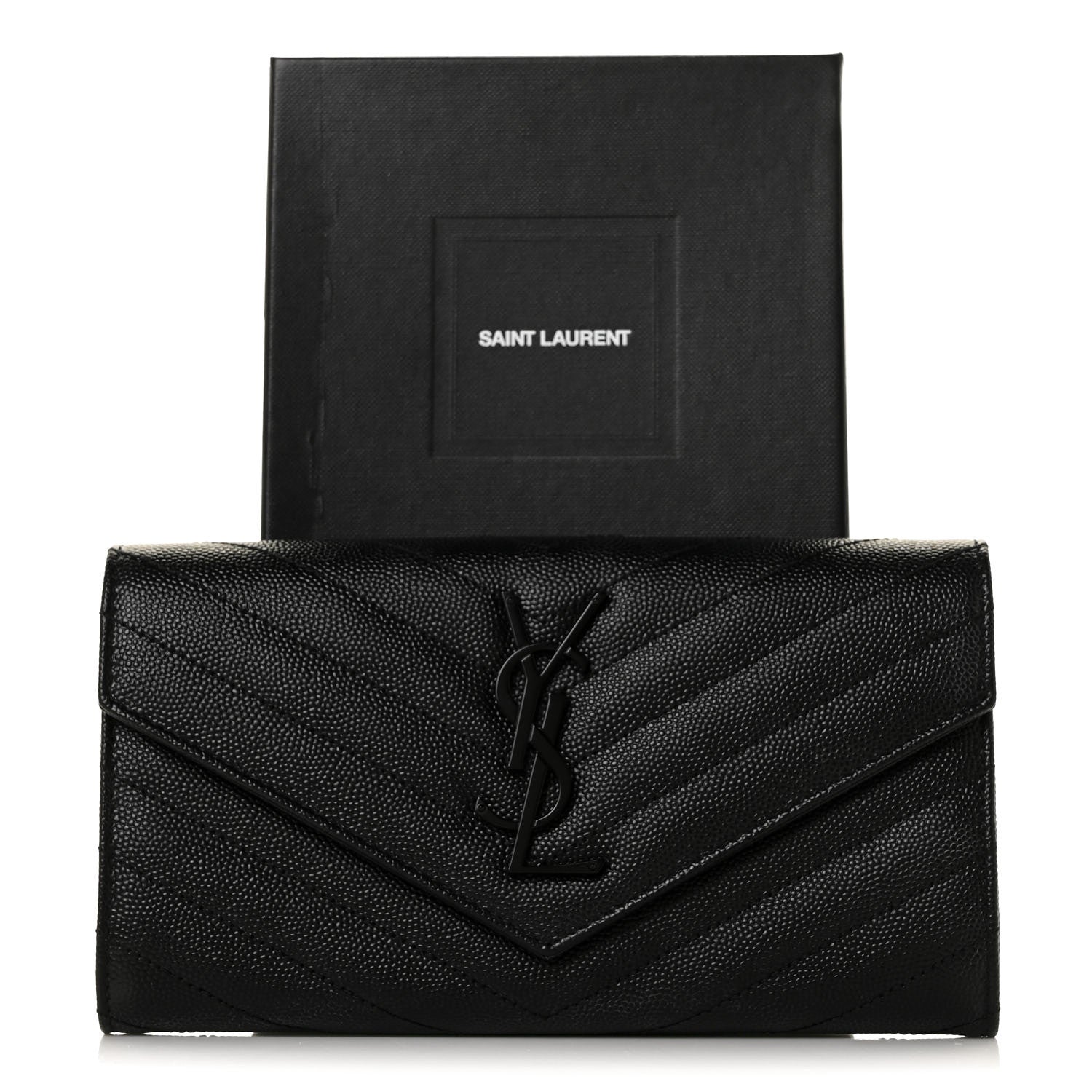 Saint Laurent Grain De Poudre Matelasse Chevron Monogram Flap Wallet Black 9 of 9