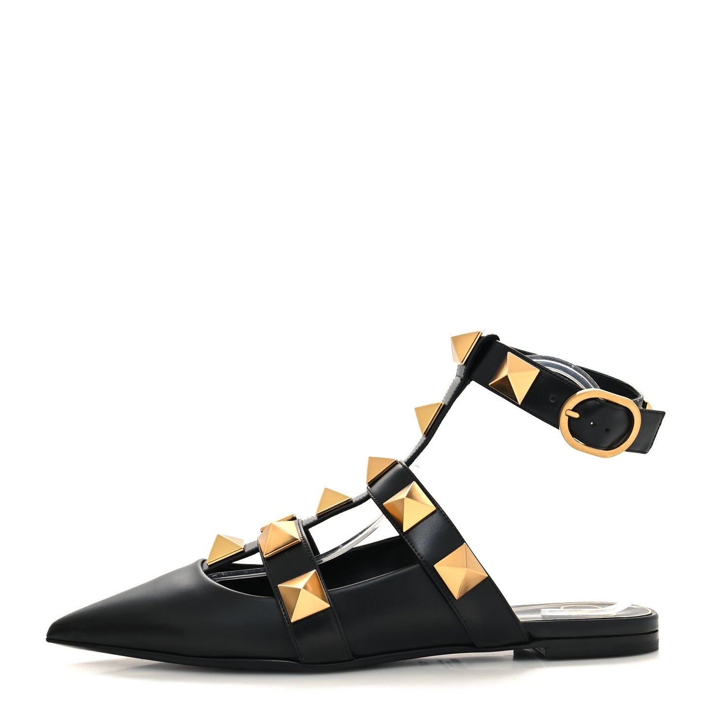 Calfskin Roman Stud Ankle Strap Flat Mules 38.5 Black