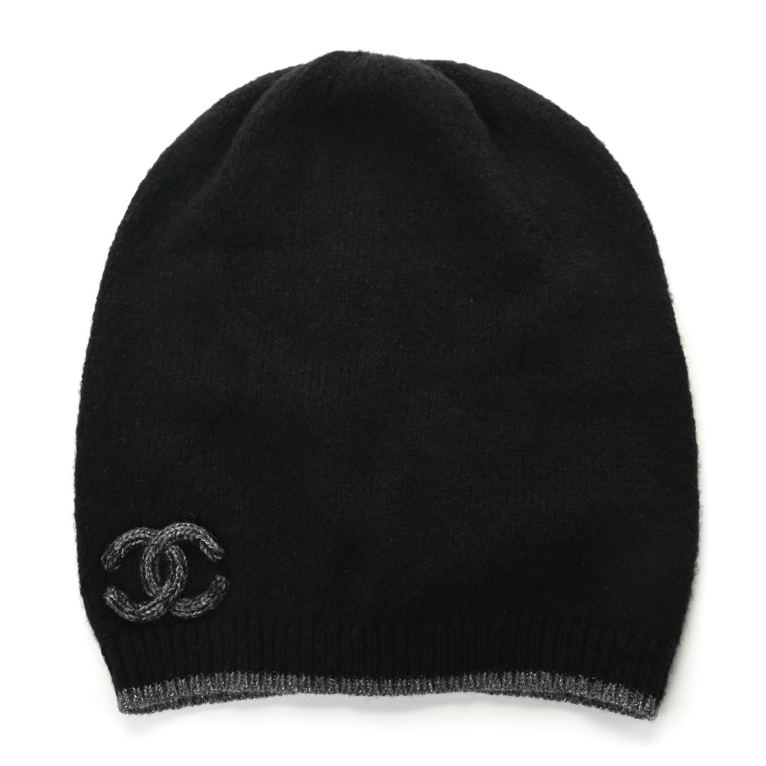 Chanel Cashmere CC Beanie Hat Black Grey 1 of 3