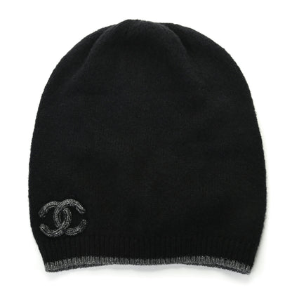 Chanel Cashmere CC Beanie Hat Black Grey 1 of 3