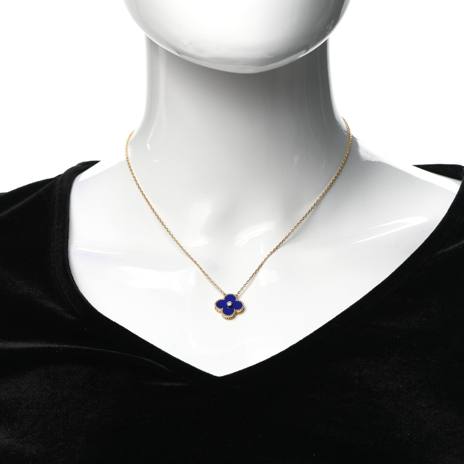 Van Cleef & Arpels 18K Yellow Gold Diamond Lapis Lazuli Vintage Alhambra Pendant Necklace 2 of 5