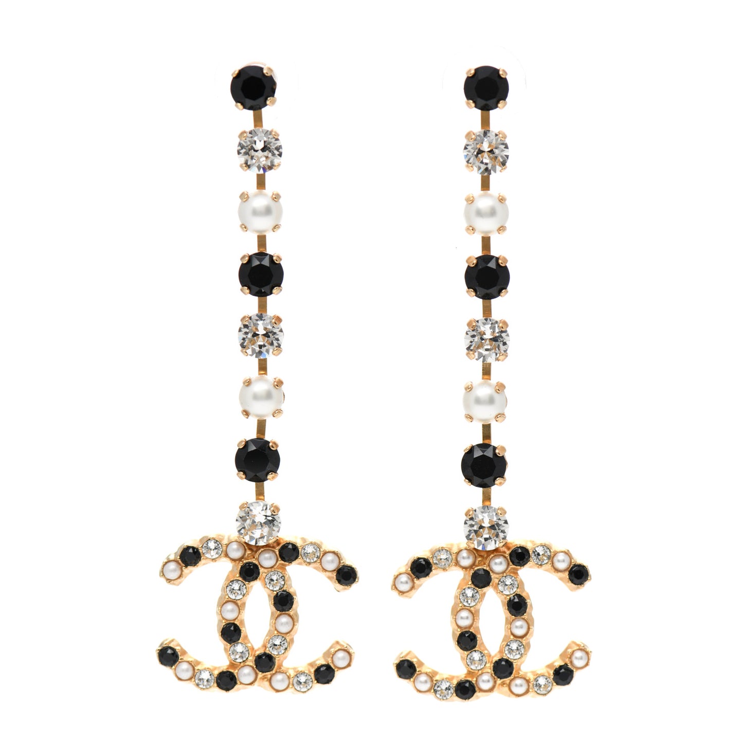 Resin Crystal Pearl CC Long Drop Earrings Gold Black