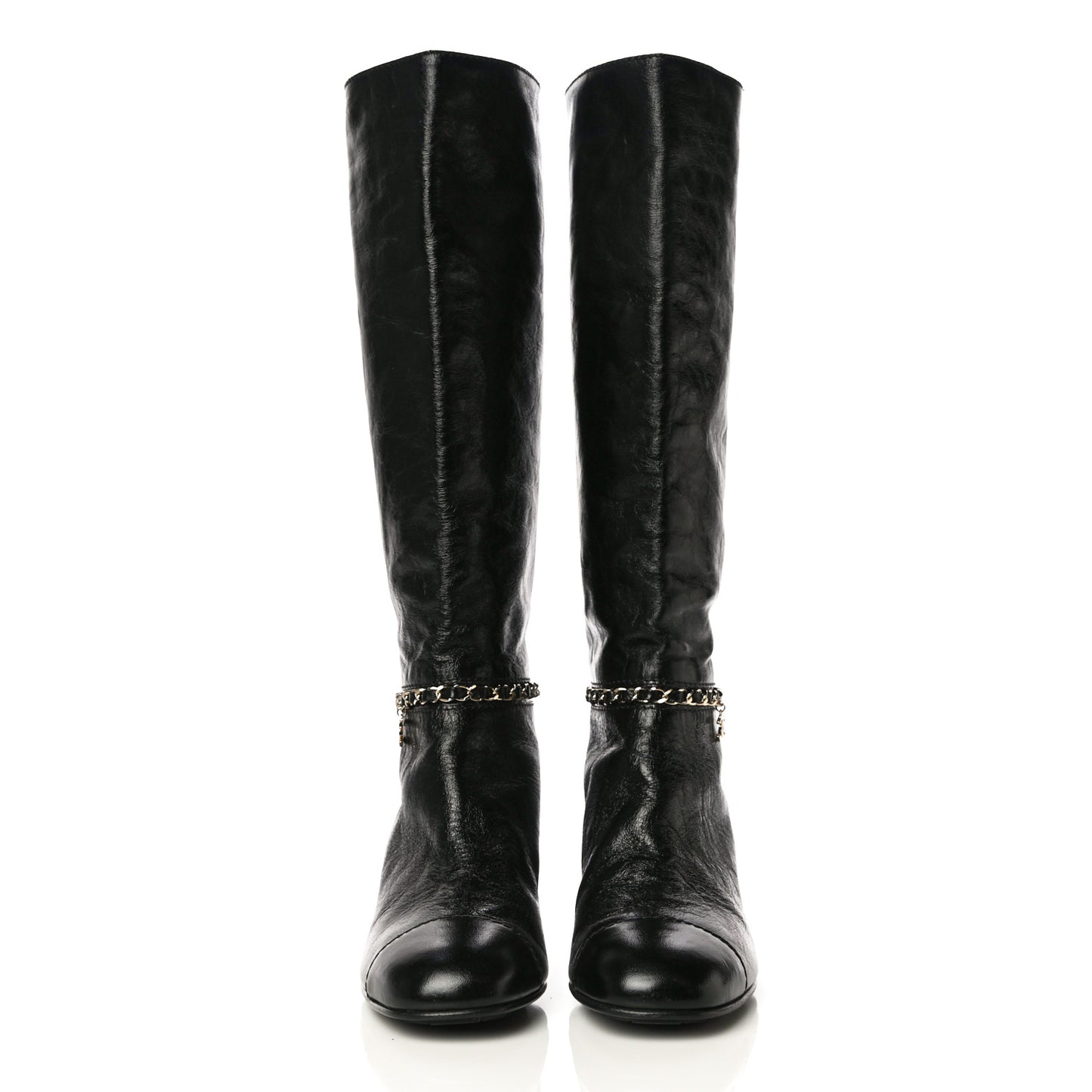 Crumpled Calfskin Cap Toe Chain Boots 37.5 Black