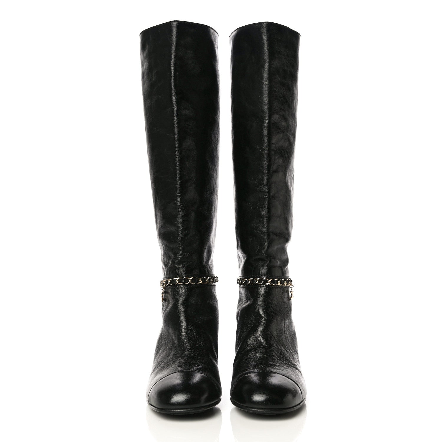 Chanel Crumpled Calfskin Cap Toe Chain Boots 37.5 Black 2 of 8