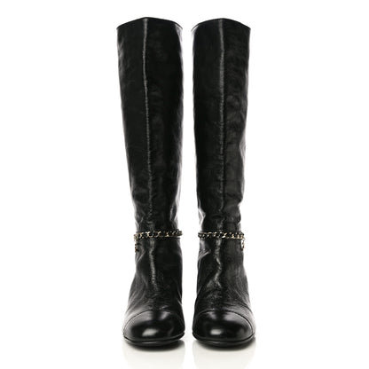 Chanel Crumpled Calfskin Cap Toe Chain Boots 37.5 Black 2 of 8