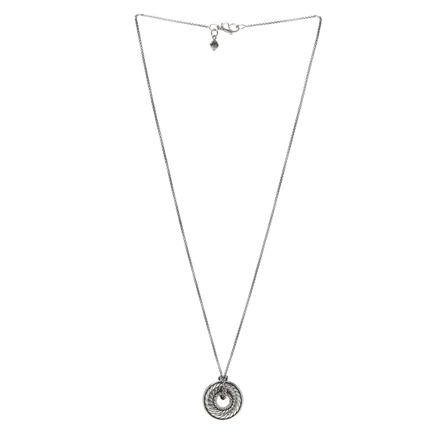 David Yurman Sterling Silver Diamond Sculpted Cable Disc Necklace 3 of 5