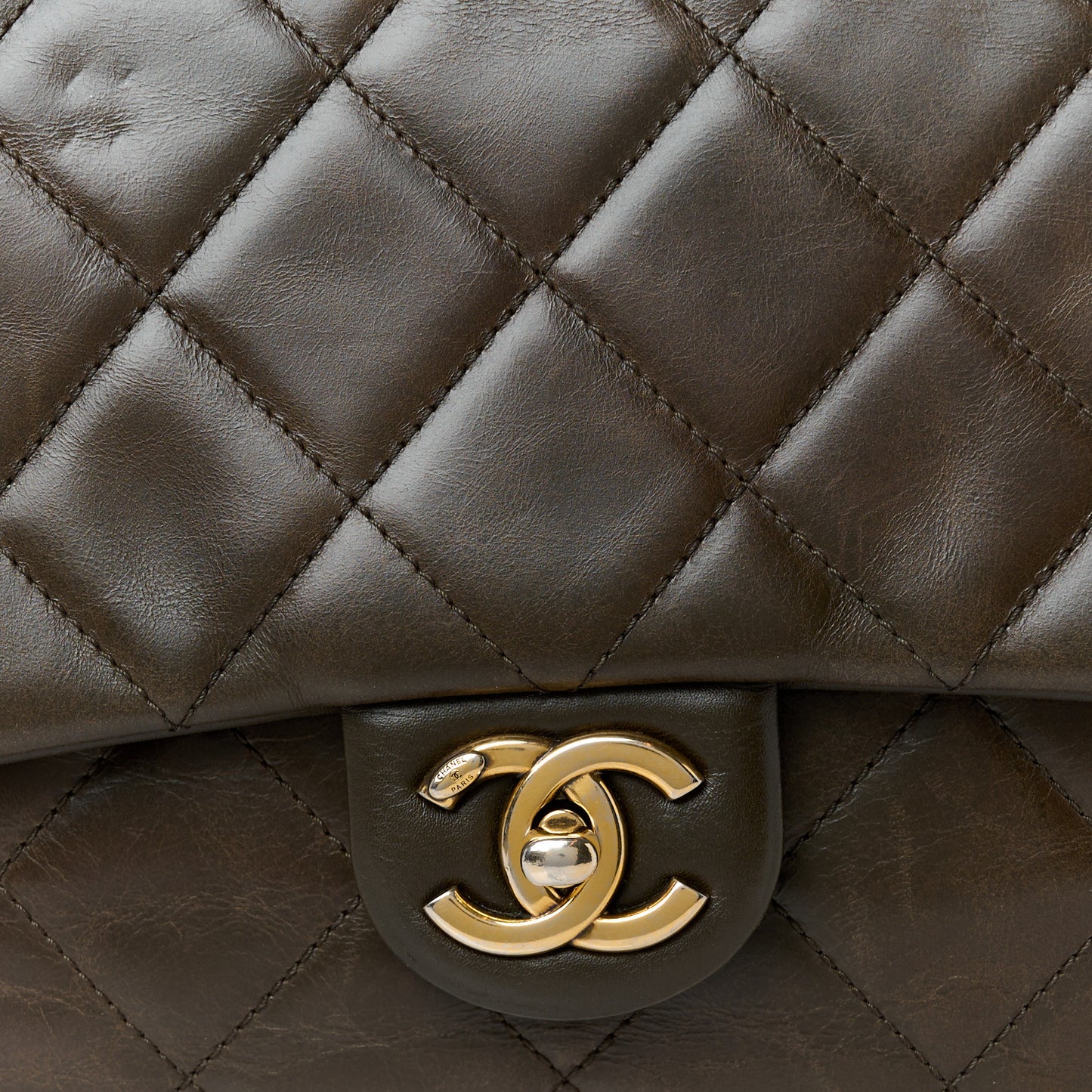 Calfskin Quilted Medium Gold Bar Top Handle Flap Dark Khaki