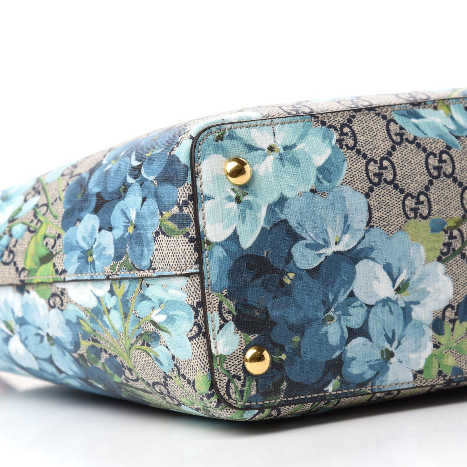 Gucci GG Supreme Monogram Blooms Medium Zippered Bucket Tote Beige Blue Navy Hibiscus Red 6 of 10