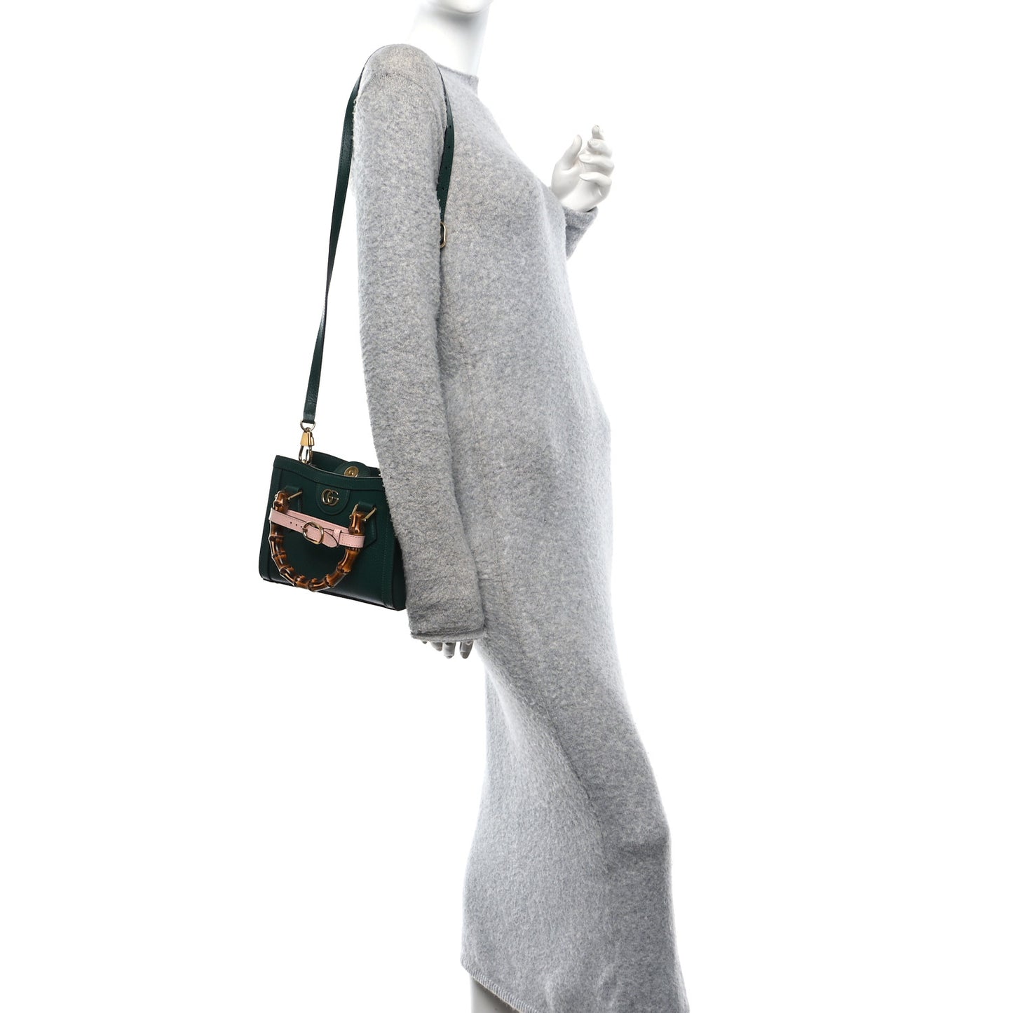 Textured Dollar Calfskin Web Mini Diana Tote Bag Vintage Green Pink