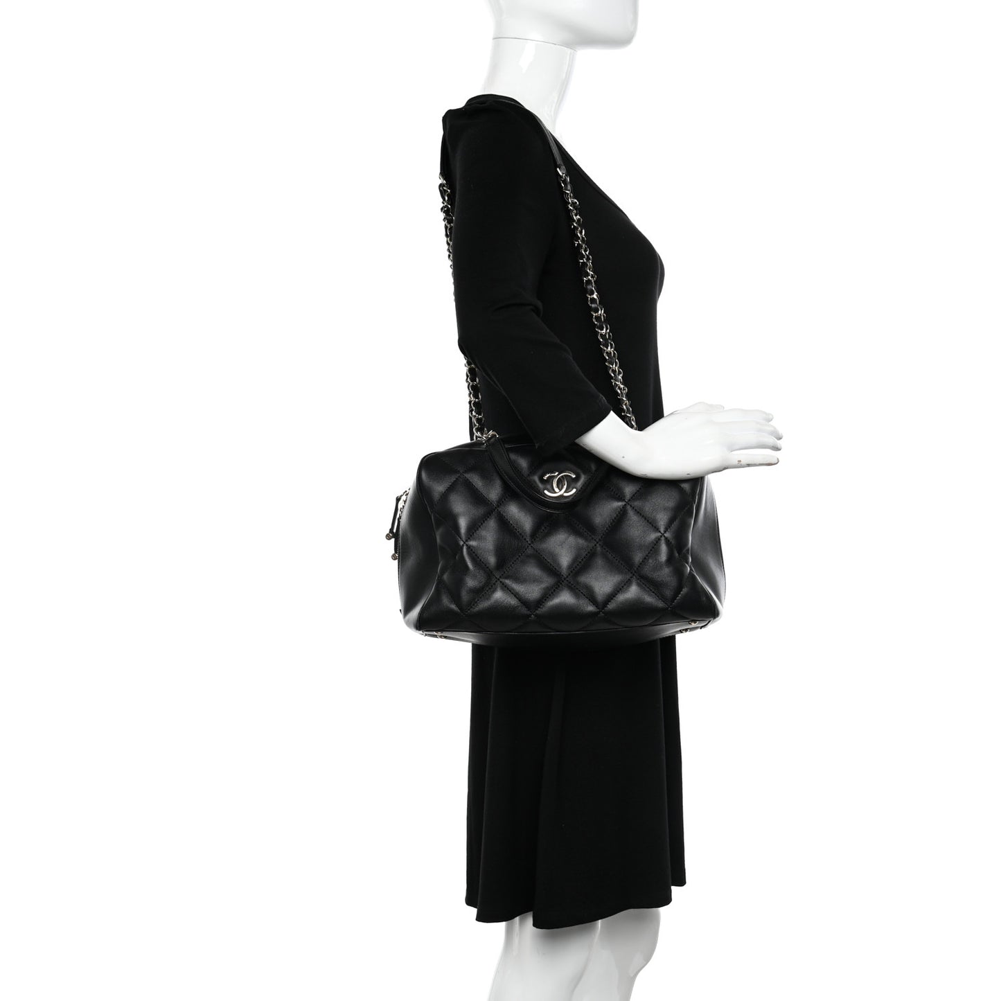 Lambskin Quilted Medium Bowling Bag Black