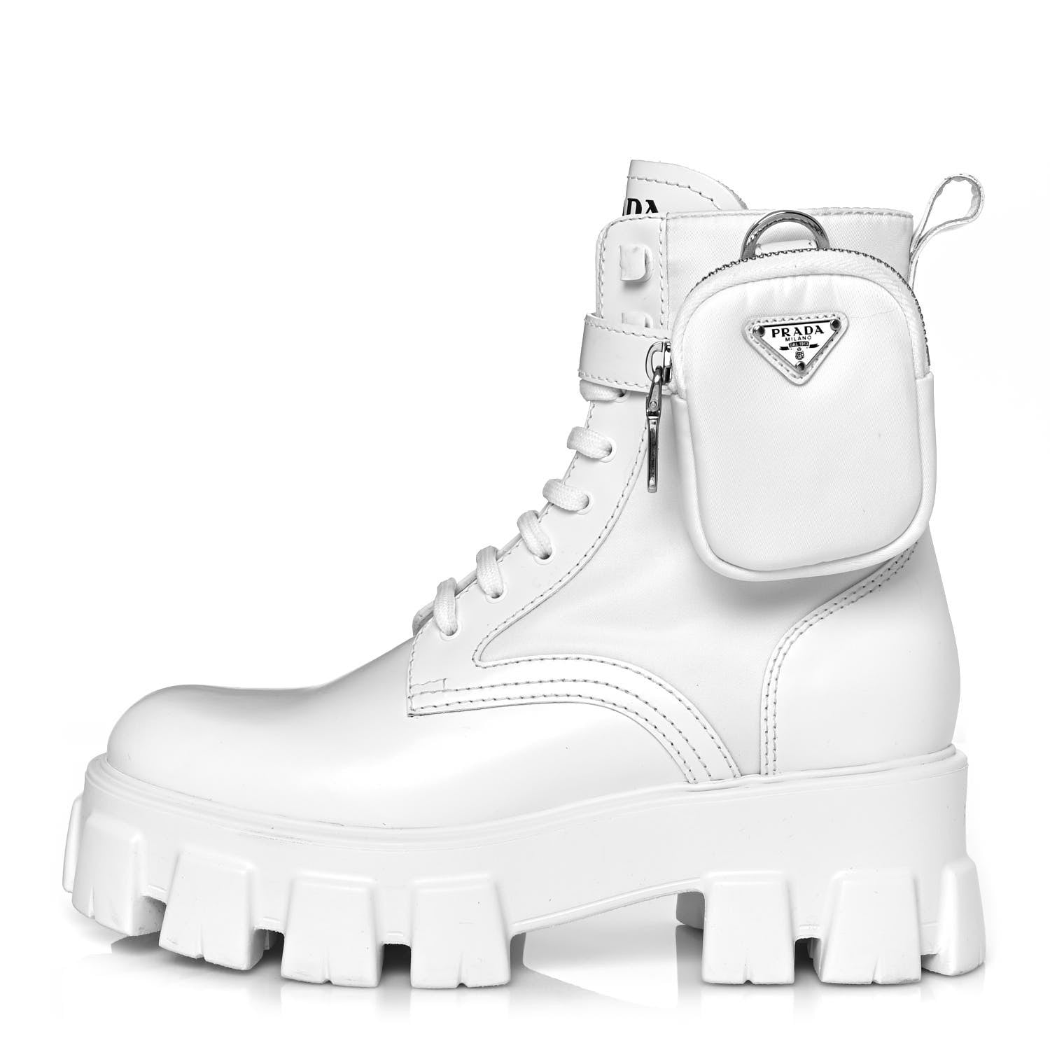 Prada Spazzolato Rois Re-Nylon Metal Triangle Logo Monolith Pouch Pocket 55mm Boots 37.5 White 1 of 9