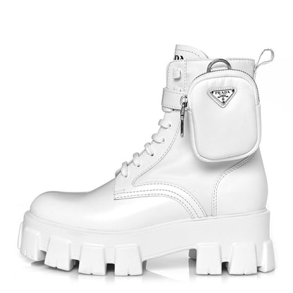 Prada Spazzolato Rois Re-Nylon Metal Triangle Logo Monolith Pouch Pocket 55mm Boots 37.5 White 1 of 9